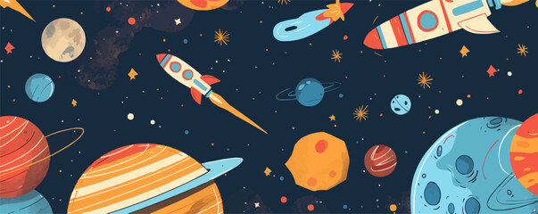 Colorful cartoon rockets and planets in outer space adventure.