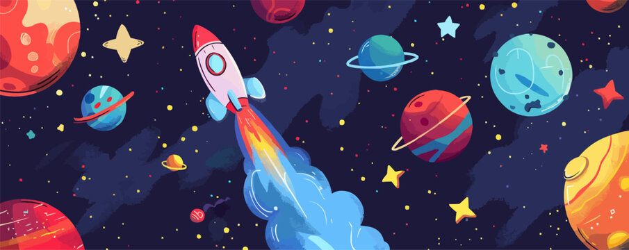 Colorful cartoon rocket traveling through a vibrant outer space universe with planets and stars.