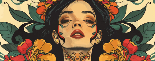 Colorful tattooed female portrait with floral elements and decorative design.