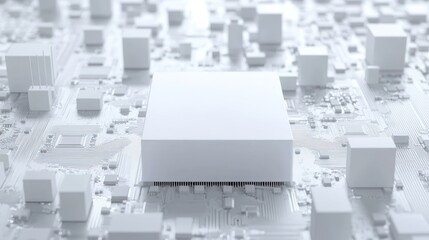 Abstract futuristic cityscape on a circuit board. A large white square processor sits atop intricate circuitry