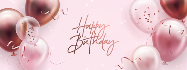 Vector birthday elegant greeting card or banner with golden, pink and white balloons and falling confetti. Vector illustration