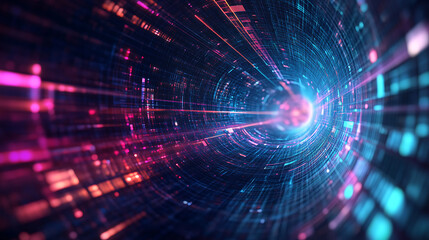 Obraz premium vibrant digital tunnel with glowing neon lights in shades of blue, pink, and purple, creating futuristic and dynamic energy flow. abstract design suggests data transfer or high speed technology