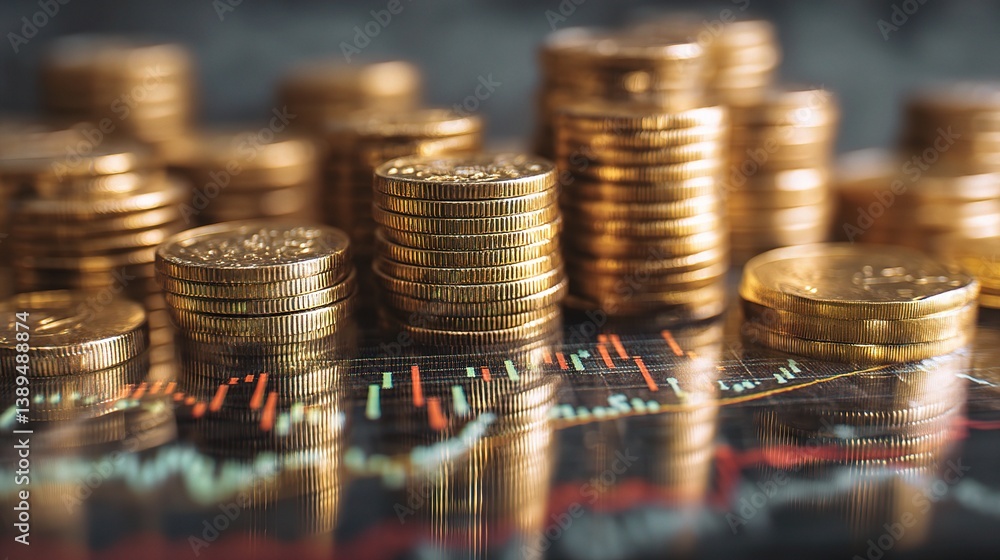 Poster stacked coins with financial graphs in double exposure effect
