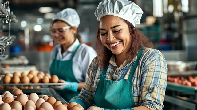 The Egg Experts: Two cheerful culinary artisans, immersed in their trade, sorting fresh eggs with finesse and expertise inside a food production facility.