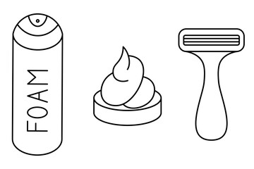 Shaving set. Sketch. Aerosol tube with squeeze dispenser, razor with three blades and creamy mousse foam on oval stand. Vector collection of illustrations. Outline on isolated white background. Doodle
