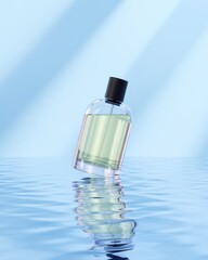 Floating bottle of fragrance in serene waters reflects soft blue light