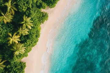 Aerial view of a tropical beach. White sand meets turquoise water, bordered by lush green vegetation and palm trees. The image is a nearly perfect half-and-half split between land and sea.