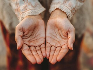 Fototapeta premium Close-up of hands offering Zakat al-Fitr (charity) to those in need, symbolizing generosity and kindness