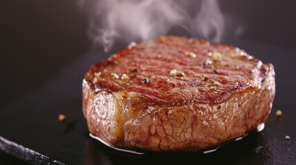 Ribeye steak food concept. Sizzling ribeye steak on a stone grill with steam and smoke