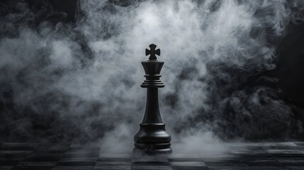 A single king chess piece standing tall surrounded by curling smoke on a dark background
