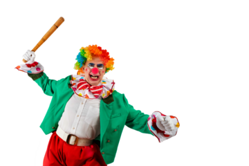 Bad, angry clown club-swinging. Horrible Halloween Joker in colorful suit and wig. Buffoon with clown whiteface makeup. Trickster, jester