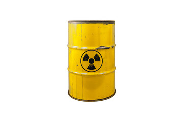 Barrel with radioactive waste. Nuclear warning sign. Rusty dangerous barrel with radionuclide, hazardous toxins on isolated background