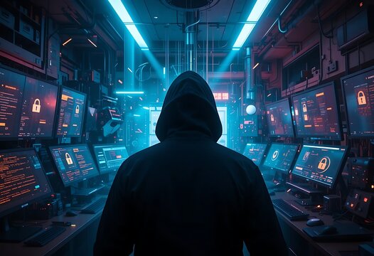 hacker front of his computer committing digital cybercrime - Powered by Adobe