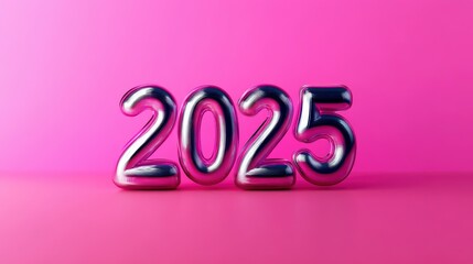 Shiny Silver 2025 Number Balloons on Pink Background for New Year