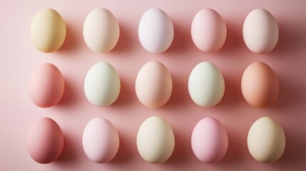 A variety of pastel-colored eggs arranged in a grid on a soft pink background, creating a minimal spring vibe