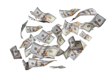 Money wallpaper background with US dollar bills. Flying, levitating american cash. One hundred usd dollars banknotes