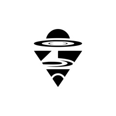 Abstract Face Silhouette with UFO, Black & White Graphic Design