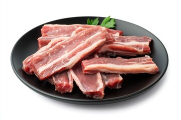 Raw Pork Spare Ribs on Black Plate Isolated on White Background