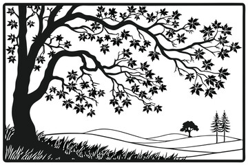 Fototapeta premium 92 Black and white silhouette, tree landscape, maple leaves, framed composition, intricate branches, nature scene, stark contrast, detailed foliage, serene atmosphere, minimalist design, graphic illus
