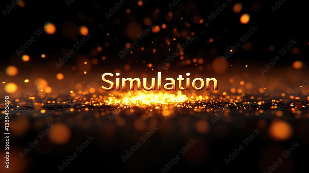 Poster glowing simulation text over dark glittering background perfect for technology virtual reality conce