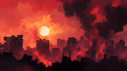 Devastated urban landscape: smoke and flames rise over a war-torn city, highlighting the impact of conflict and destruction on infrastructure and communities. Echoing Loss. Illustration