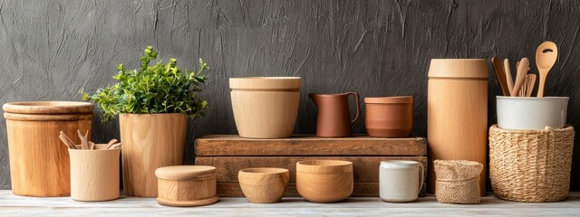 Fototapeta premium Natural Kitchen Containers and Utensils on Wooden Background