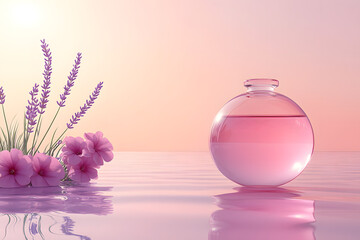 Elegant glass potion bottle with pink liquid placed next to a delicate orchid flower and candlelight on a soft pastel background. This serene setup is perfect for themes of spa, wellness, beauty, and 
