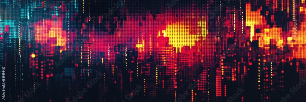 Poster Digital abstraction with pixelated patterns creating structured gaps in a modern cybernetic theme and vibrant color contrasts