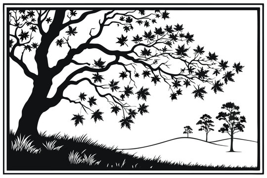 92 Black and white silhouette, tree landscape, maple leaves, framed composition, intricate branches, nature scene, stark contrast, detailed foliage, serene atmosphere, minimalist design, graphic illus