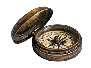Antique brass pocket compass with lid open, detailed navigational markings and slightly tarnished surface reflecting adventure heritage, white background