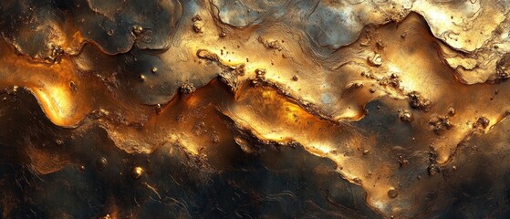 Abstract background with molten gold texture and dark flecks, creating an effect of luxury and elegance. Suitable for cover design, advertising banners, digital art.