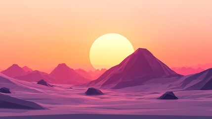 Low-poly sunset over purple mountains.