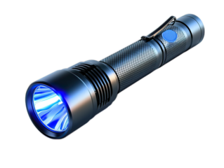 Modern tactical flashlight with knurled aluminum body, power button illuminated blue, adjustable focus head and pocket clip, white background