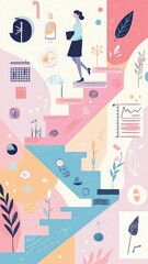 Obraz premium young woman sitting peacefully in a minimalist home office A woman ascending colorful stairs illustrating growth.