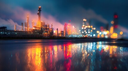 Fototapeta premium Abstract Double Exposure of Oil and Gas Industry at Night