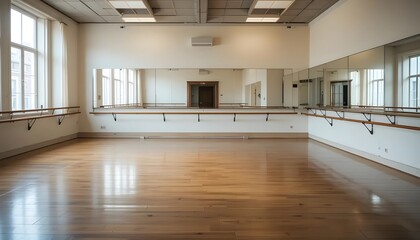 A serene dance studio bathed in natural light, inviting dancers to gracefully glide across the polished wooden floor and find their rhythm amidst the expansive mirrors.
