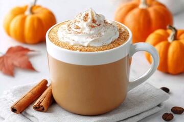 A cozy autumn-themed pumpkin spice latte topped with whipped cream and cinnamon dust