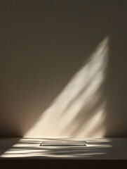 Laptop resting on a table with beautiful window shadows and plenty of copy space above — minimal, modern scene ideal for tech, business, or creative concepts.
