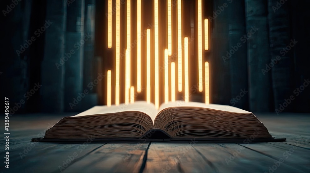 Aufkleber open book revealing vertical digital lights chart in stock market concept. an open book with glowing