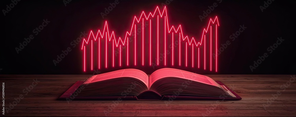 Poster open book with vertical digital lights chart in historical finance concept. an open book with glowin