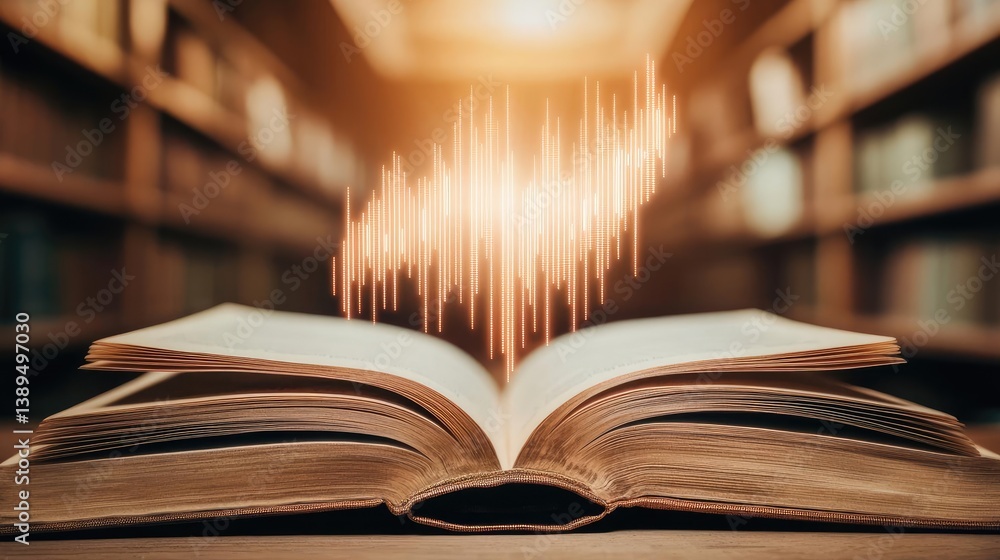 Poster open book with vertical digital lights chart in historical finance concept. open book with sound wav