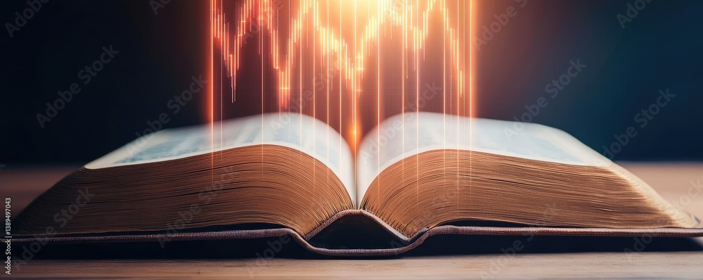Poster open book revealing vertical digital lights chart in stock market concept. an open book with glowing