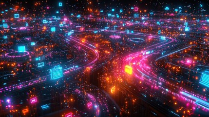 Obraz premium Vibrant Holographic Depiction of a Global Commerce Network with Intricate Light Patterns and Data Connections