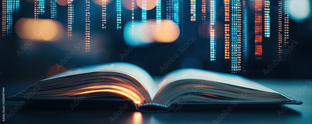 Poster open book with vertical digital lights chart in historical finance concept. a glowing book with data