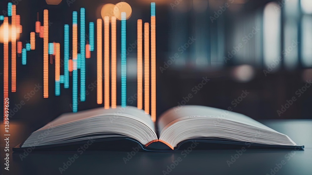 Poster open book revealing vertical digital lights chart in stock market concept. an open book with digital