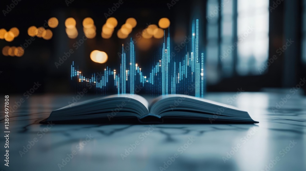 Poster open book revealing vertical digital lights chart in stock market concept. open book with digital da