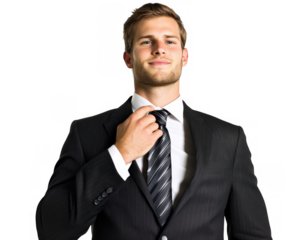 Confident man in a black suit adjusting his tie against a transparent background with a focused expression, representing professionalism and style
