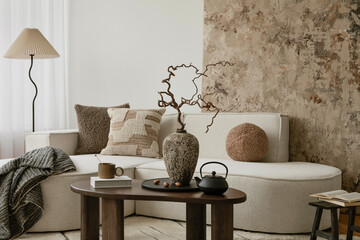Cozy living room with textured pillows, ceramic vase, and dried branches styled against a raw...
