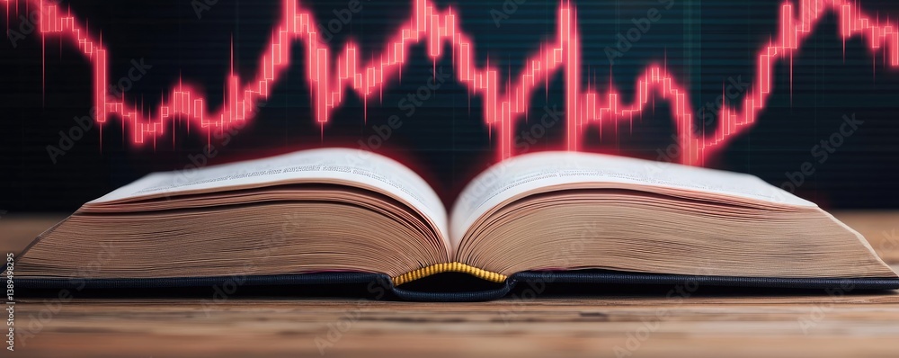 Poster open book with contemporary vertical digital lights stock chart concept. open book on a wooden table
