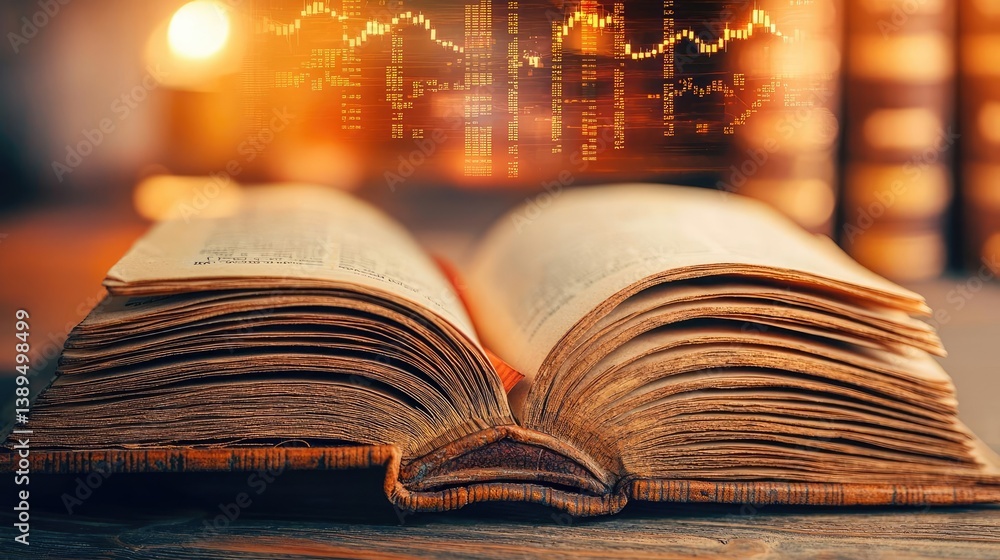 Poster open book revealing vertical digital lights chart in stock market concept. an open book with financi